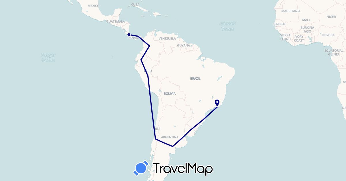 TravelMap itinerary: driving in Argentina, Brazil, Chile, Colombia, Costa Rica, Ecuador, Panama, Peru, Uruguay (North America, South America)